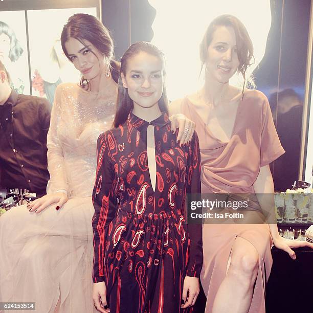 Model Shermine Shahrivar, german actress Luise Befort and german actress Julia Malik pose at the Bambi Awards 2016 party at Atrium Tower on November...