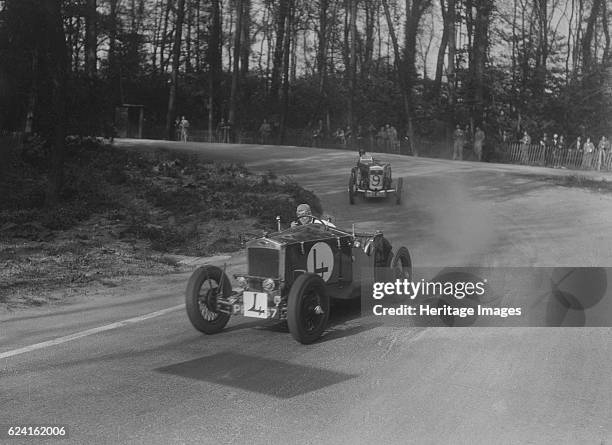Two Frazer-Nash cars racing at Donington Park, Leicestershire, 1930s. Artist: Bill Brunell.Frazer-Nash 1496 cc.Entry No: 4. Background: Frazer-Nash...