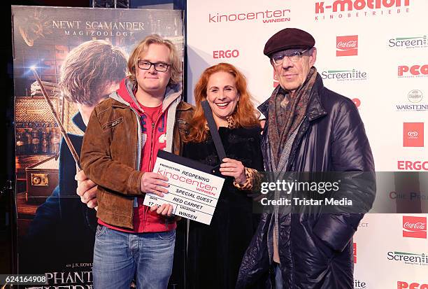 Christiane Leuchtmann, Hans-Peter Korff and son Johannes attend Kinocenter Winsen Reopenson November 17, 2016 in Hamburg, Germany.