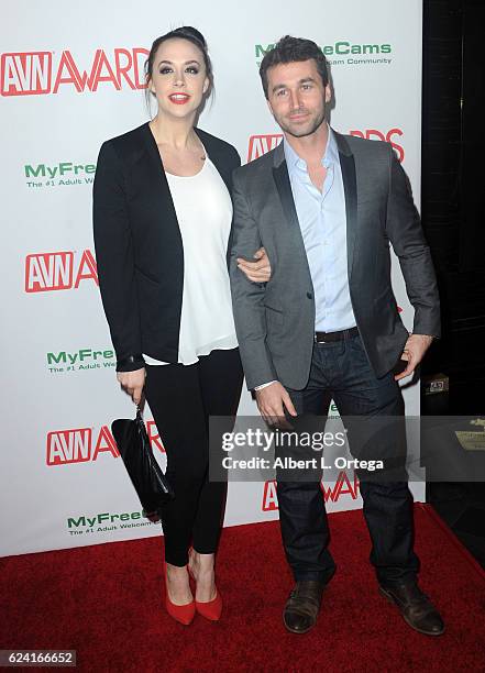 Actress Chanel Preston and actor James Deen arrive for the 2017 AVN Awards Nomination Party held at Avalon on November 17, 2016 in Hollywood,...