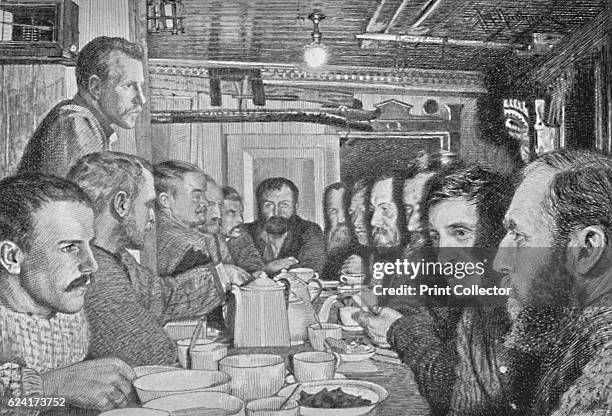 At the Supper Table, 14 February, 1895', 1895 . After a photograph. From Farthest North, Vol. 2 by Fridtjof Nansen. [Archibald Constable and Company,...