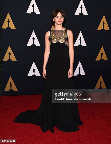 Actress Felicity Jones arrives at the Academy of Motion Picture Arts and Sciences' 8th Annual Governors Awards at The Ray Dolby Ballroom at Hollywood...