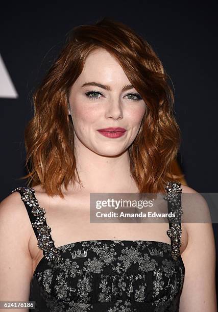 Actress Emma Stone arrives at the Academy of Motion Picture Arts and Sciences' 8th Annual Governors Awards at The Ray Dolby Ballroom at Hollywood &...