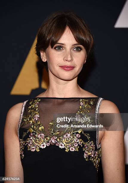 Actress Felicity Jones arrives at the Academy of Motion Picture Arts and Sciences' 8th Annual Governors Awards at The Ray Dolby Ballroom at Hollywood...