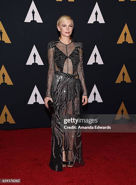 Actress Michelle Williams arrives at the Academy of Motion Picture Arts and Sciences' 8th Annual Governors Awards at The Ray Dolby Ballroom at...