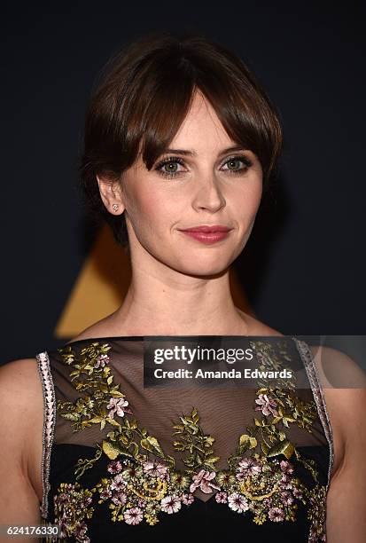 Actress Felicity Jones arrives at the Academy of Motion Picture Arts and Sciences' 8th Annual Governors Awards at The Ray Dolby Ballroom at Hollywood...