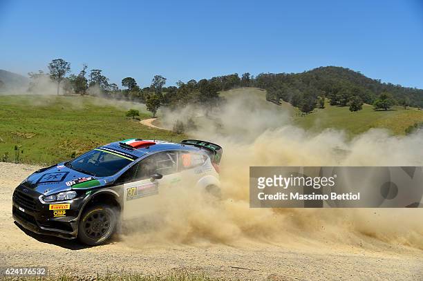 Lorenzo Bertelli of Italy and Simone Scattolin of Italy compete in their FWRT Ford Fiesta RS WRC during Day One of the WRC Australia on November 18,...