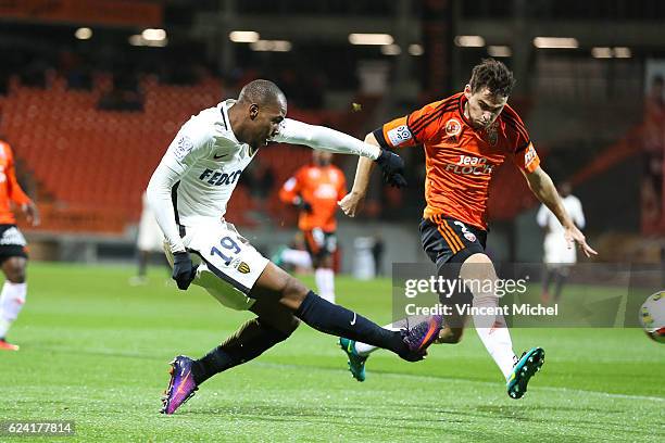 Djibril Sidibe of Monaco and Vincent Le Goff of Lorient during the Ligue 1 match between Fc Lorient and As Monaco at Stade du Moustoir on November...