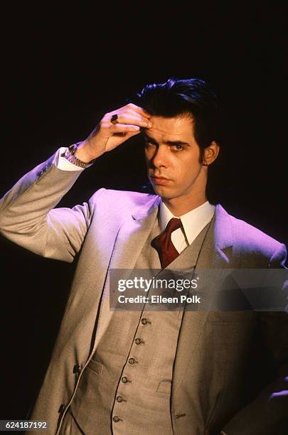 Portrait of Australian musician Nick Cave, of the group Nick Cave and the Bad Seeds, during the filming of the 'Ship Song' music video , 1990.