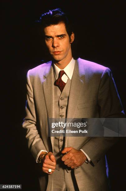Portrait of Australian musician Nick Cave, of the group Nick Cave and the Bad Seeds, during the filming of the 'Ship Song' music video , 1990.