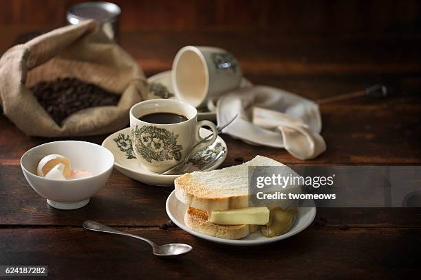 south east asian malaysian singaporean local traditional black coffee in vintage cups. - soft boiled egg stock pictures, royalty-free photos & images