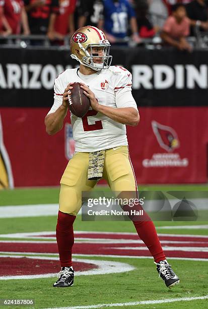 Blaine Gabbert of the San Francisco 49ers warms up prior to a game against the Arizona Cardinals at University of Phoenix Stadium on November 13,...