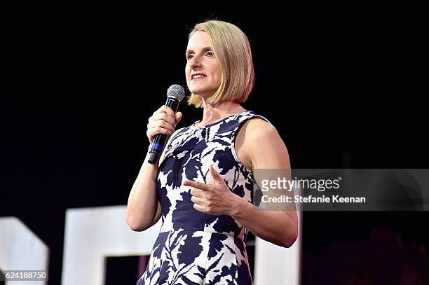 Author Elizabeth Gilbert speaks onstage during Creative Living Beyond Fear: Traveling with Curiosity at The Orpheum Theatre during Airbnb Open LA -...