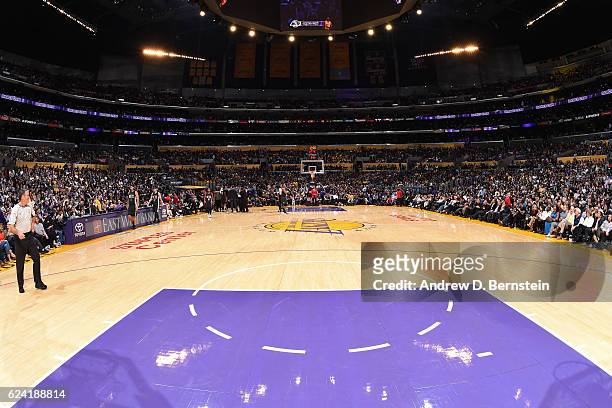 General view of the Staples Center during the Brooklyn Nets game against the Los Angeles Lakers on November 15, 2016 in Los Angeles, California. NOTE...