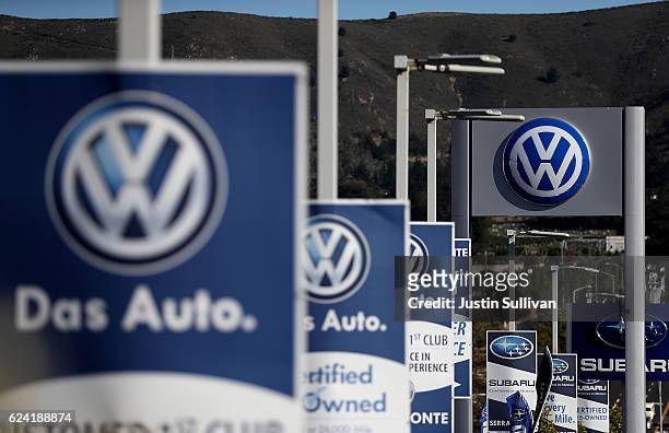 The Volkswagen logo is displayed at Serramonte Volkswagen on November 18, 2016 in Colma, California. Volkswagen announced plans to lay off 30,000...