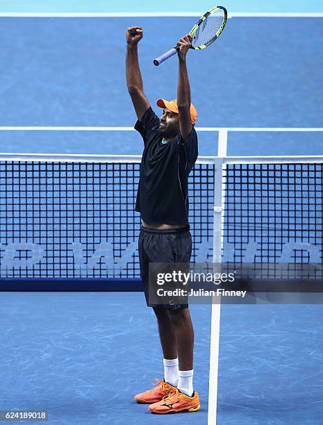 Rajeev Ram of the United States, partner of Raven Klaasen of South Africa, celebrates victory during the men's doubles match against Feliciano Lopez...