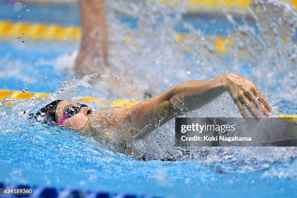 Emi Moronuki of Japan competes in Women's 100m Backstroke final race during the 10th Asian Swimming Championships 2016 at the Tokyo Tatsumi...