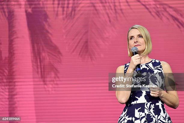Author Elizabeth Gilbert speaks onstage during Creative Living Beyond Fear: Traveling with Curiosity at The Orpheum Theatre during Airbnb Open LA -...