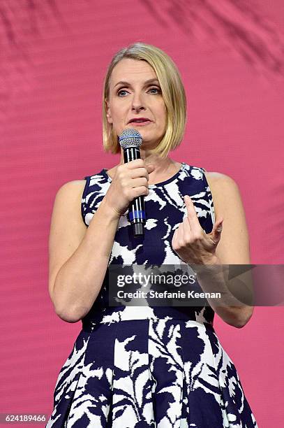 Author Elizabeth Gilbert speaks onstage during Creative Living Beyond Fear: Traveling with Curiosity at The Orpheum Theatre during Airbnb Open LA -...