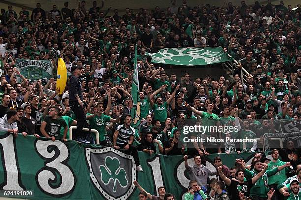 Fans of Panathinaikos react during the 2016/2017 Turkish Airlines EuroLeague Regular Season Round 8 game between Panathinaikos Superfoods Athens v...