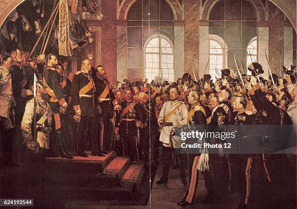 Wilhelm I King of Prussia being proclaimed first Emperor of Germany, 1871. Otto von Bismarck, German Chancellor, in white coat in centre.