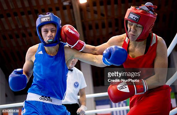 Russia's Natalya Sumokina during the EUBC European Womens Boxing Championships Sofia 2016 game between Russia's Natalya Sumokina and Romania's...