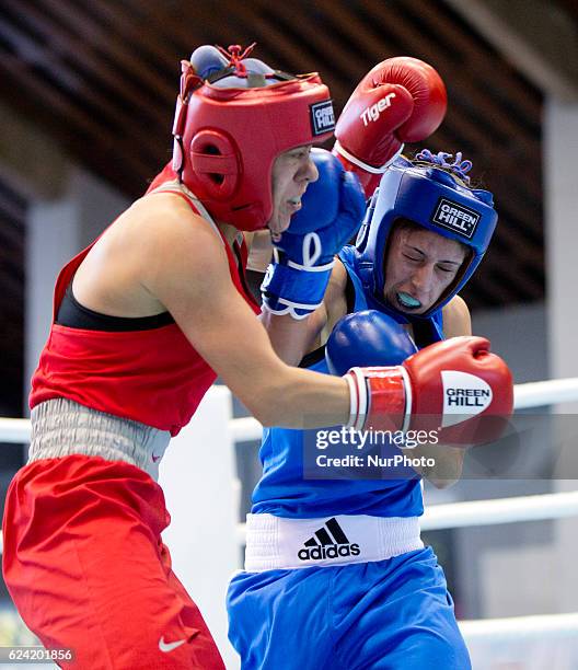 Russia's Natalya Sumokina during the EUBC European Womens Boxing Championships Sofia 2016 game between Russia's Natalya Sumokina and Romania's...