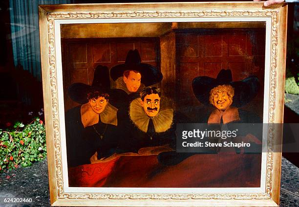 View of a painting, done as a parody of the Dutch Masters style, that depicts the four Marx Brothers, Los Angeles, California, 1976. Pictured are,...
