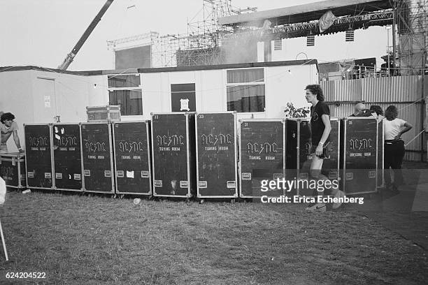 Flight cases belonging to rock band AC/DC backstage at Monsters Of Rock festival, Donington Park, Leicestershire, United Kingdom, August 18th 1984.