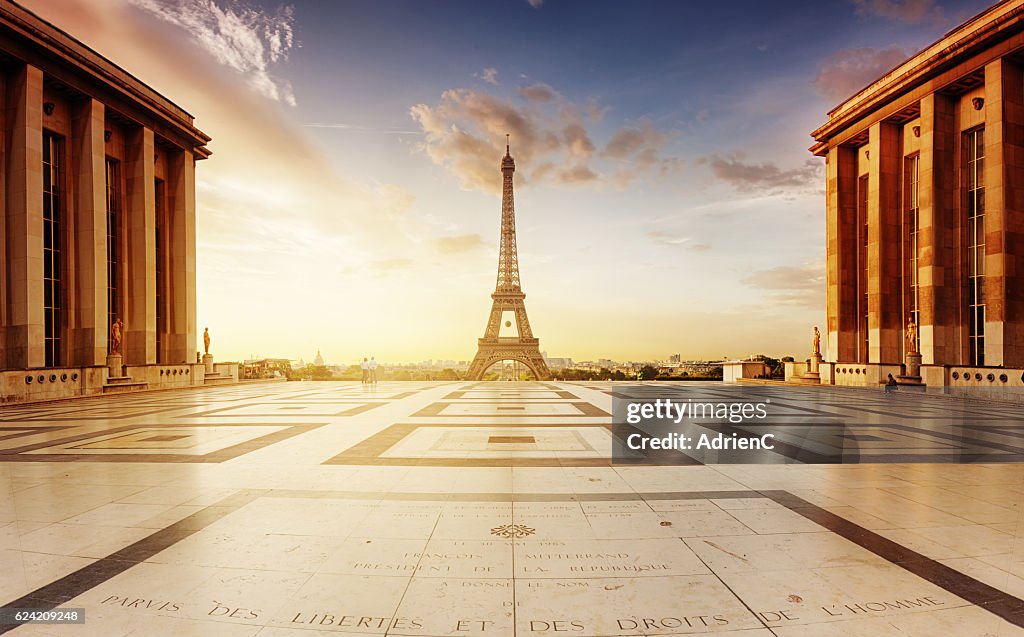 Classic view during sunrise on Eiffel Tower on Trocadero's place.