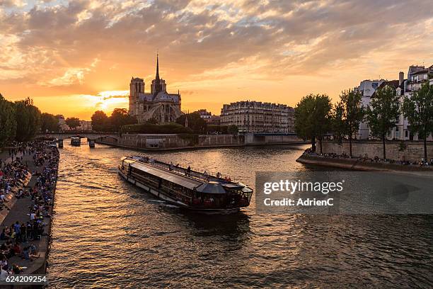 light and shadow on seine river with notre dame de paris in background during sunset - apero stock pictures, royalty-free photos & images