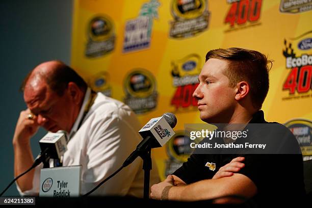 Team owner Chip Ganassi and Tyler Reddick, driver of the Cooper Standard Ford, attend a press conference during practice for the NASCAR Camping World...