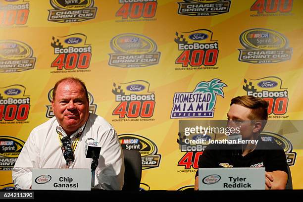 Team owner Chip Ganassi and Tyler Reddick, driver of the Cooper Standard Ford, attend a press conference during practice for the NASCAR Camping World...