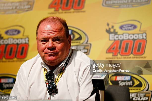 Team owner Chip Ganassi attends a press conference during practice for the NASCAR Camping World Truck Series Ford EcoBoost 200 at Homestead-Miami...