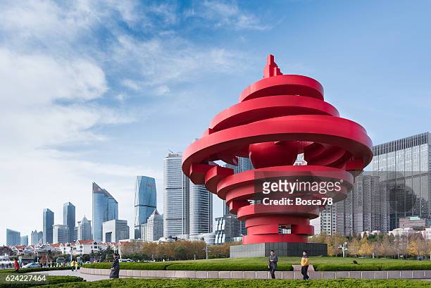 downtown qingdao seen from may forth square - qingdao beach stock pictures, royalty-free photos & images