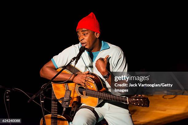 Brazilian musician Seu Jorge plays guitar as he performs 'The Life Aquatic - A Tribute to David Bowie,' presented by World Music Institute and le...