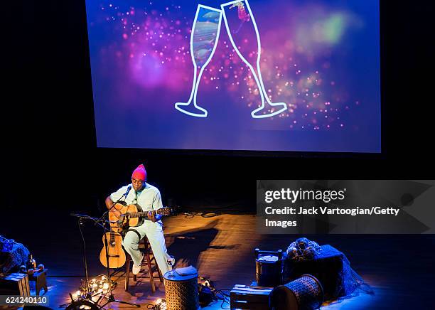 Brazilian musician Seu Jorge plays guitar as he performs 'The Life Aquatic - A Tribute to David Bowie,' presented by World Music Institute and le...