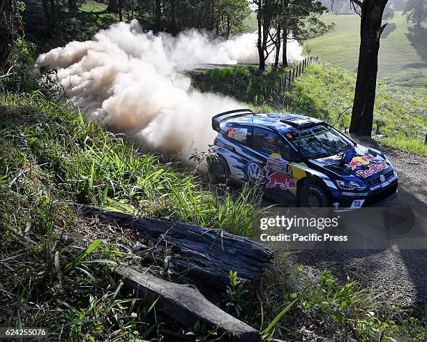 Andreas Mikkelsen and co-driver Anders Jaeger Synnevag drive their Volkswagen Motorsport II Polo R during day two of Rally Australia, the 14th and...