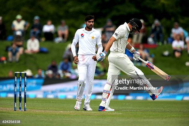 Tim Southee of New Zealand reacts after being dismissed during day three of the First Test between New Zealand and Pakistan at Hagley Oval on...