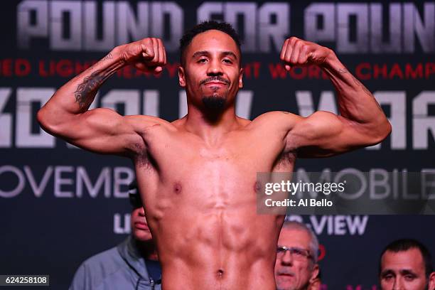 Andre Ward poses on the scale during the official weigh-in on November 18, 2016 at MGM Grand Garden Arena in Las Vegas, Nevada. Ward will face Sergey...