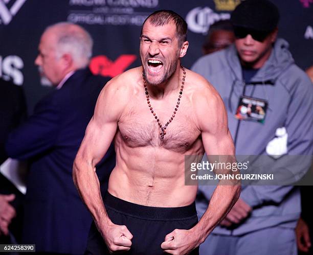 Boxers Sergey Kovalev of Russia poses during his weigh in at the MGM Grand in Las Vegas, November 18, 2016. Kovalev will meet Andre Ward of the US...