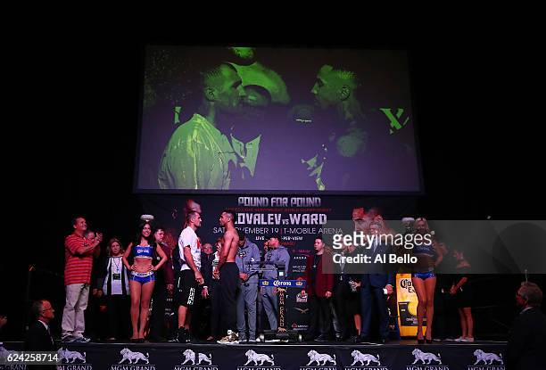 Sergey Kovalev and Andre Ward square off during the official weigh-in on November 18, 2016 at MGM Grand Garden Arena in Las Vegas, Nevada. They will...