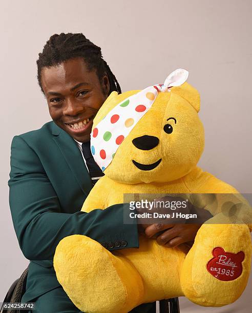Ade Adepitan shows support for BBC Children in Need at Elstree Studios on November 18, 2016 in Borehamwood, United Kingdom.