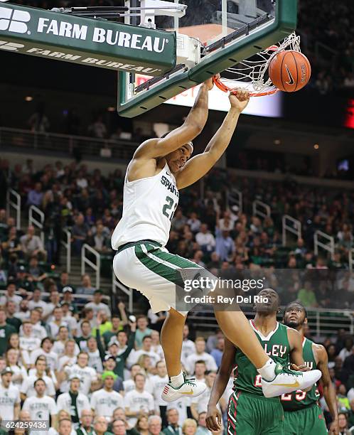 Miles Bridges of the Michigan State Spartans dunks against the Mississippi Valley State Delta Devils at the Breslin Center on November 18, 2016 in...