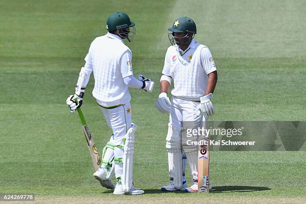 Azhar Ali and Sami Aslam of Pakistan reacting during day three of the First Test between New Zealand and Pakistan at Hagley Oval on November 19, 2016...