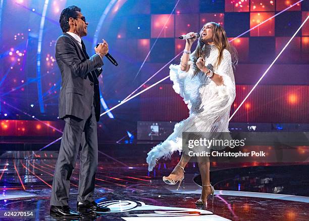 Marc Anthony and Jennifer Lopez perform onstage during The 17th Annual Latin Grammy Awards at T-Mobile Arena on November 17, 2016 in Las Vegas,...