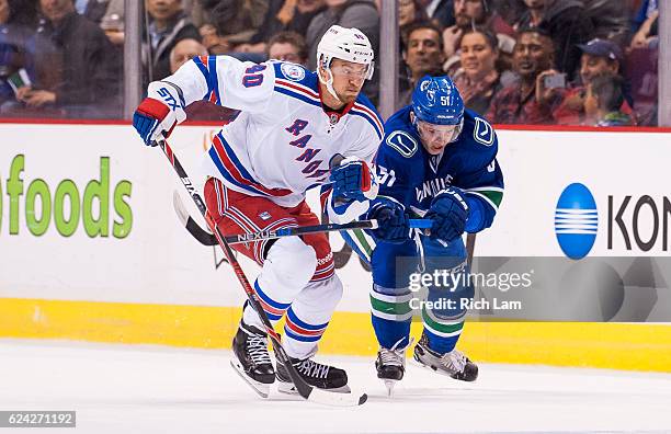 Troy Stecher of the Vancouver Canucks and Michael Grabner of the New York Rangers skate after a loose puck in NHL action on November 15, 2016 at...