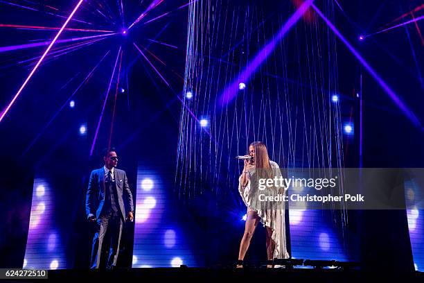 Marc Anthony and Jennifer Lopez perform onstage during The 17th Annual Latin Grammy Awards at T-Mobile Arena on November 17, 2016 in Las Vegas,...