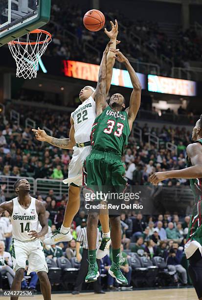 Miles Bridges of the Michigan State Spartans goes up for a rebound against Jamal Watson of the Mississippi Valley State Delta Devils at the Breslin...