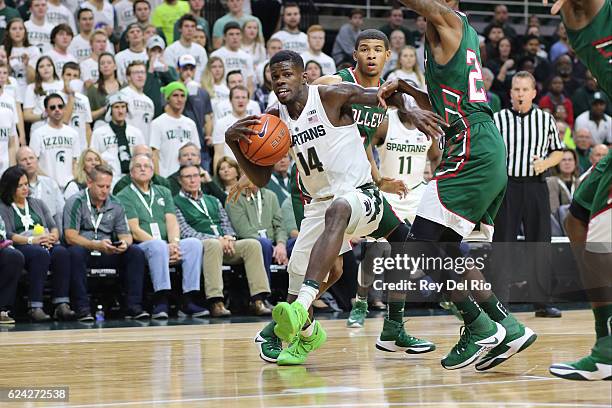 Eron Harris of the Michigan State Spartans drives to the basket against the Mississippi Valley State Delta Devils at the Breslin Center on November...